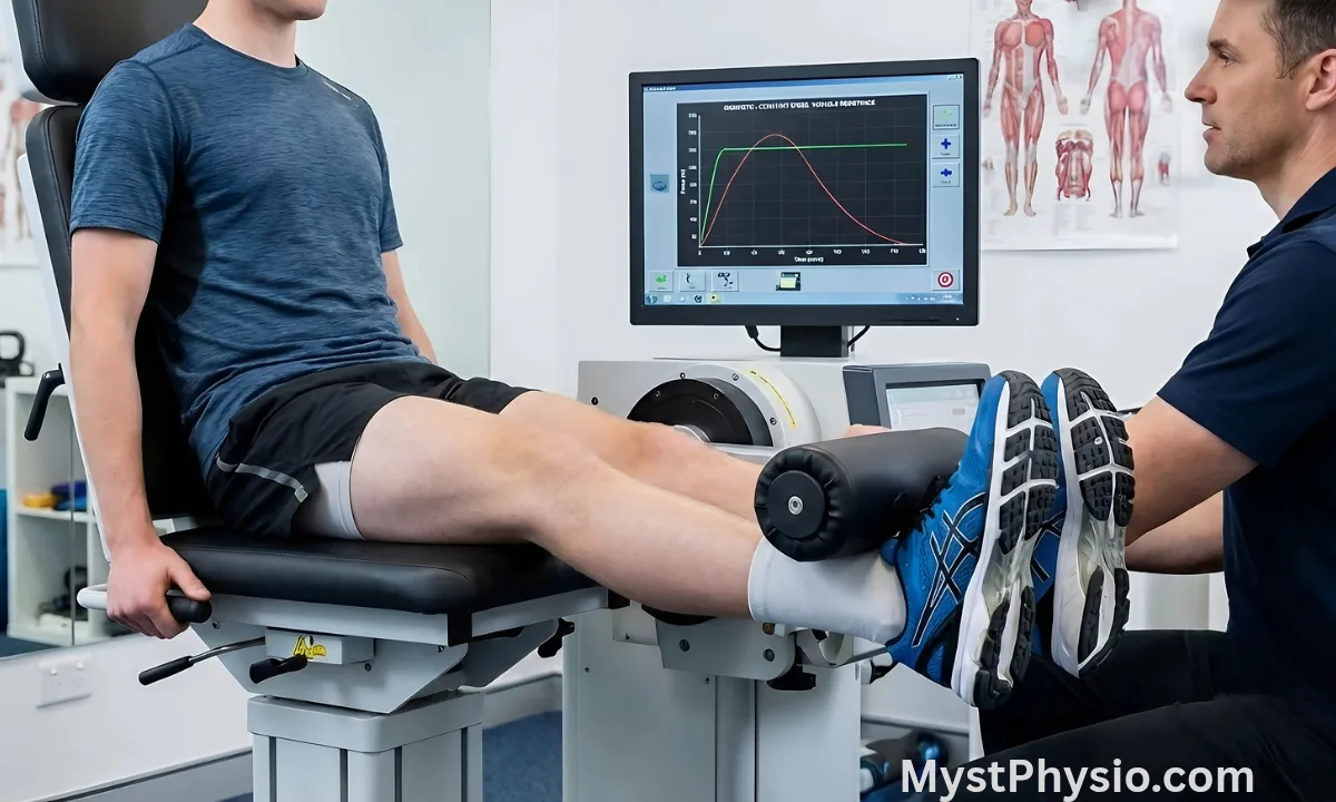 Isokinetic Knee Extension Test in a Clinic A person performs an isokinetic knee extension test on a dynamometer machine, monitored by a therapist in a clinical setting.