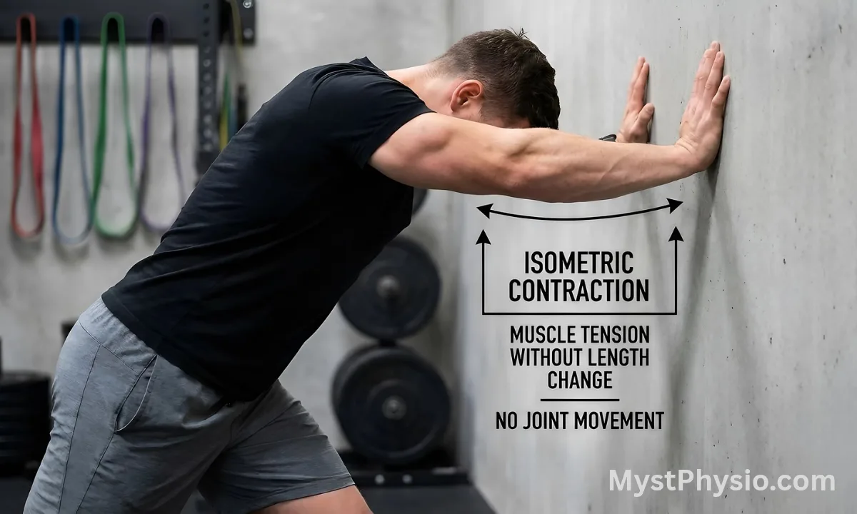 Example of an Isometric Contraction A man in a gym pushing against an immovable concrete wall demonstrating an isometric contraction, where muscle tension develops without changing length or causing joint movement.