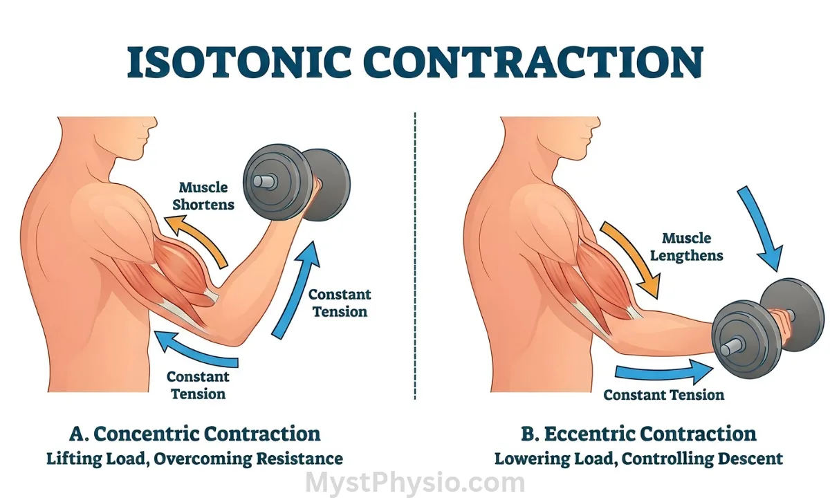 Isotonic Muscle Contraction: Concentric vs. Eccentric Diagram illustrating isotonic muscle contraction, showing concentric contraction as a bicep shortens while lifting a dumbbell, and eccentric contraction as the bicep lengthens while lowering the dumbbell under constant tension.