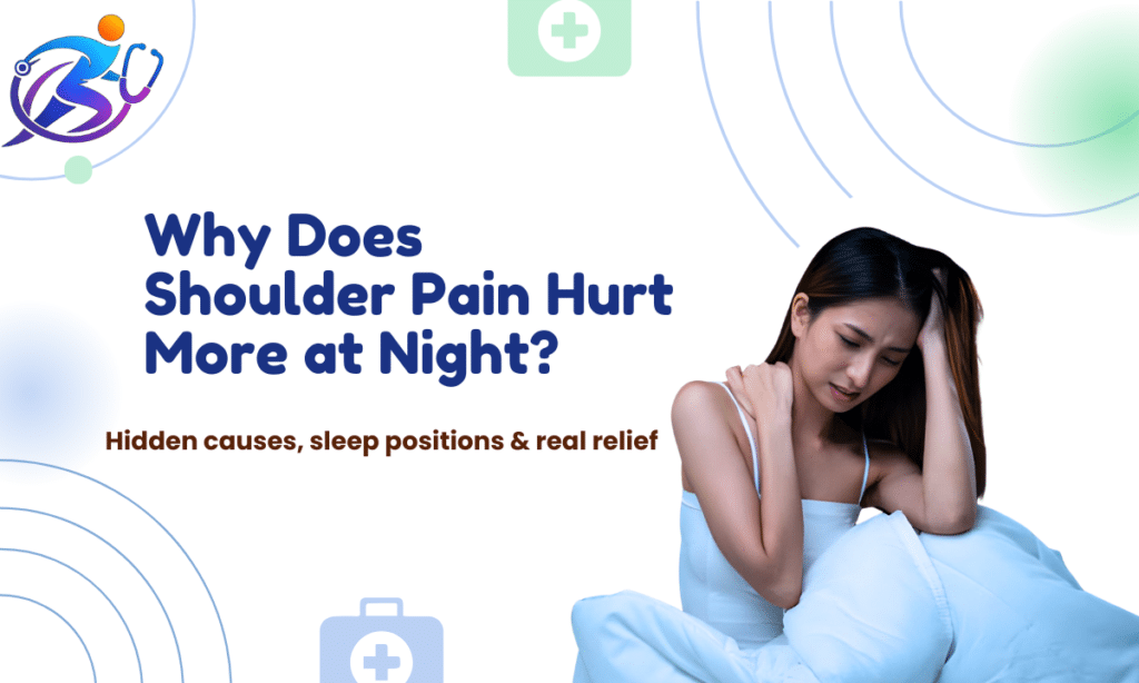 Person experiencing shoulder pain at night while lying in bed