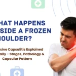 Man holding painful shoulder with red highlight illustrating frozen shoulder (adhesive capsulitis) and capsular pattern restriction explained clinically.
