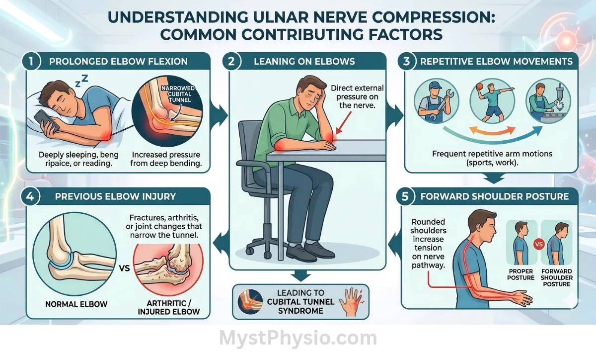 Infographic illustrating the five common causes of ulnar nerve compression: prolonged elbow flexion, leaning on elbows, repetitive elbow movements, previous elbow injuries, and forward shoulder posture.