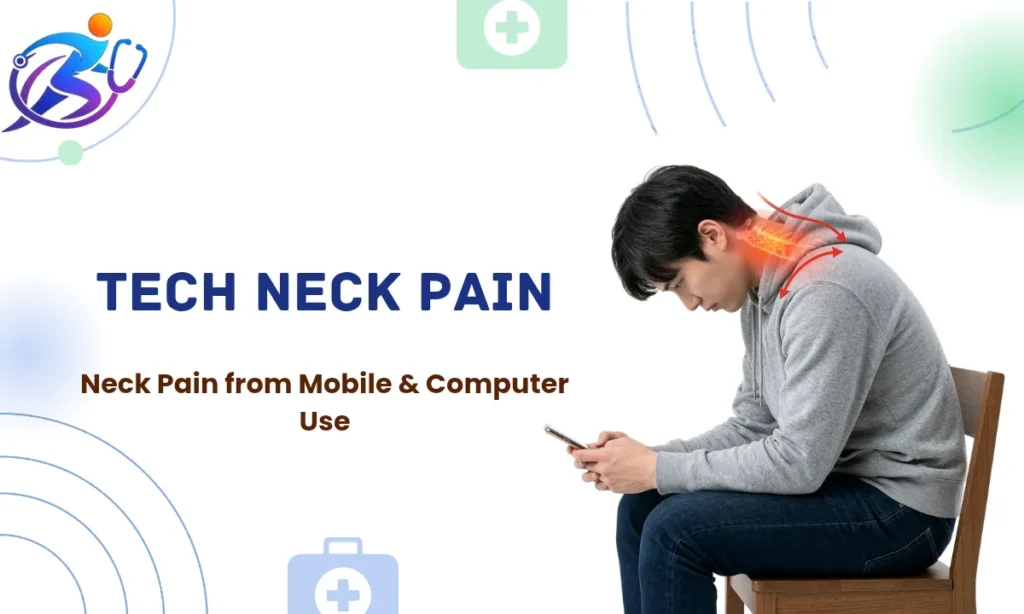 tech neck pain caused by mobile and computer use with forward head posture
