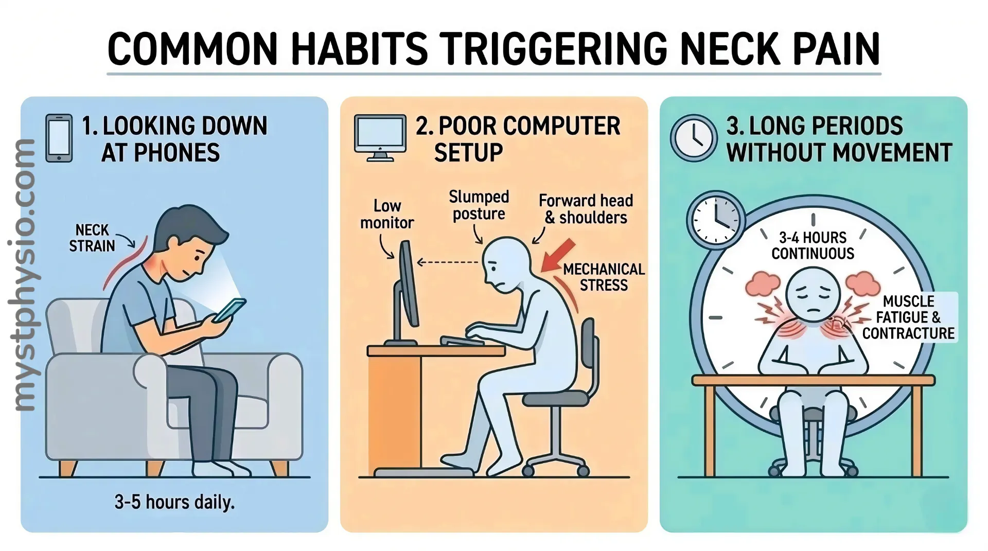 Habits causing neck pain explained visually