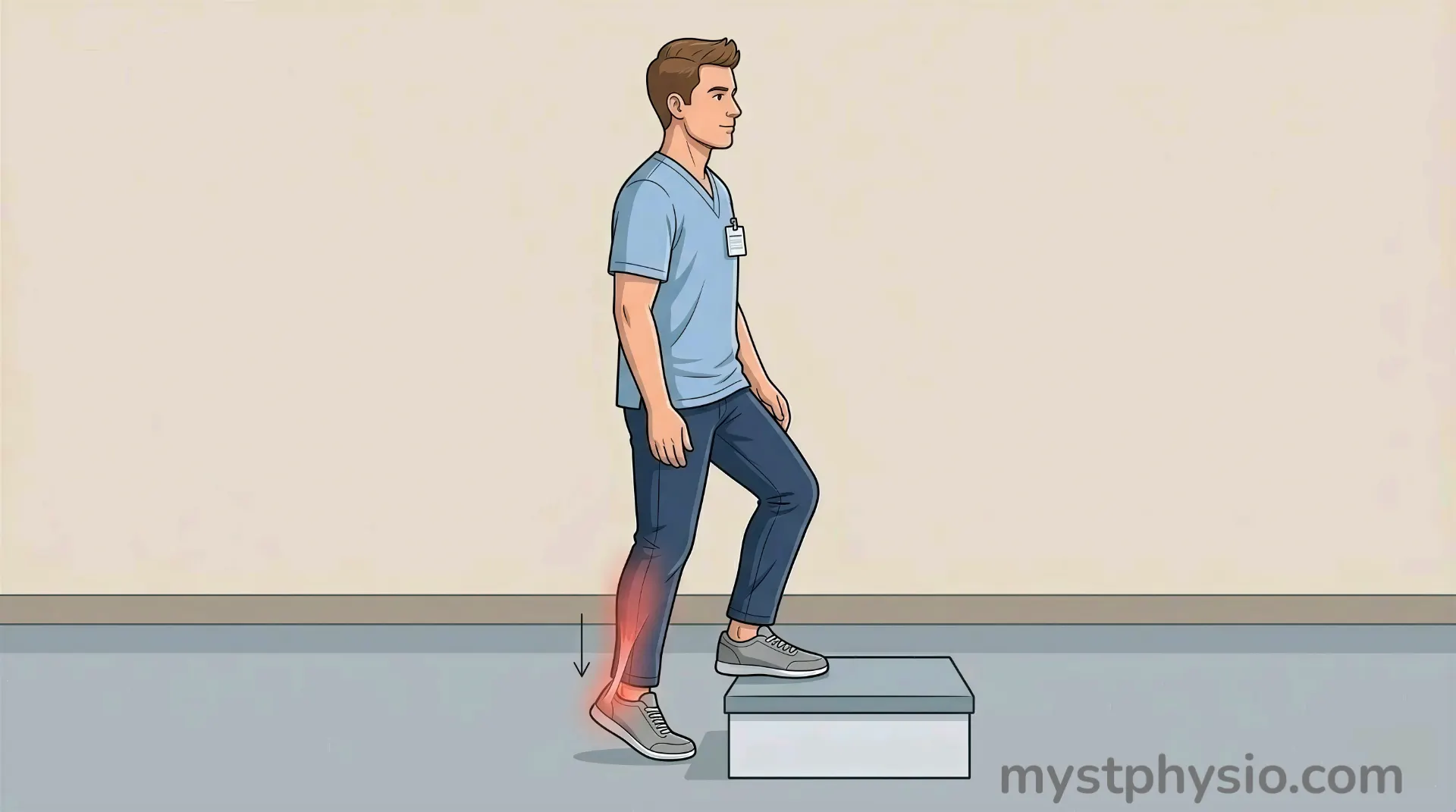 Eccentric Heel Drop Exercise for Achilles Pain Relief Illustration of eccentric heel drop exercise for Achilles pain showing controlled lowering phase on a step