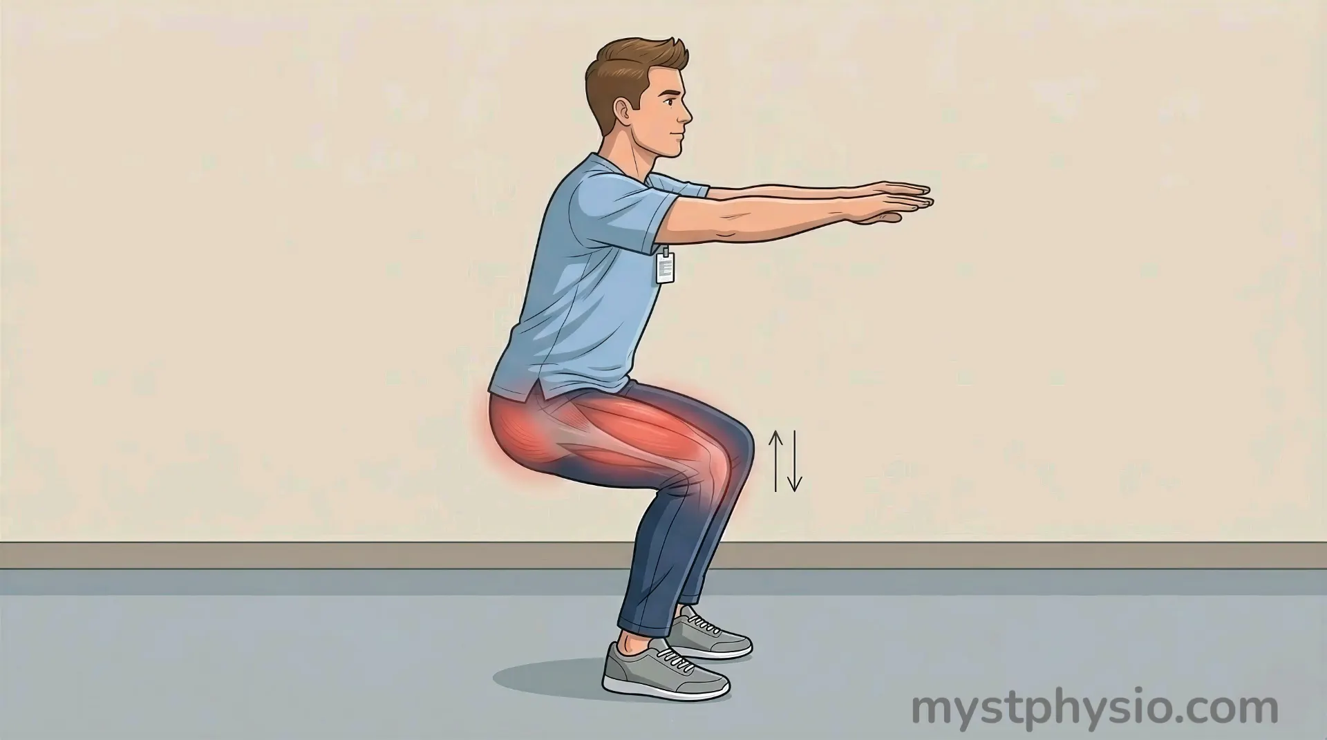 Heavy Slow Resistance Squat for Knee Rehab Strength Illustration of heavy slow resistance squat exercise showing proper knee alignment and controlled movement for knee rehabilitation
