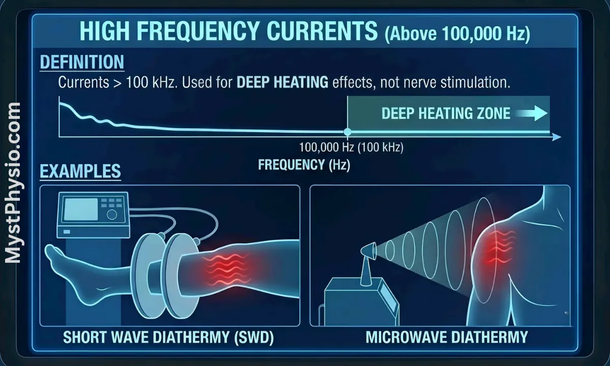 Infographic explaining High Frequency Currents above 100,000 Hz used for deep heating, featuring illustrations of Short Wave Diathermy (SWD) and Microwave Diathermy treatments.