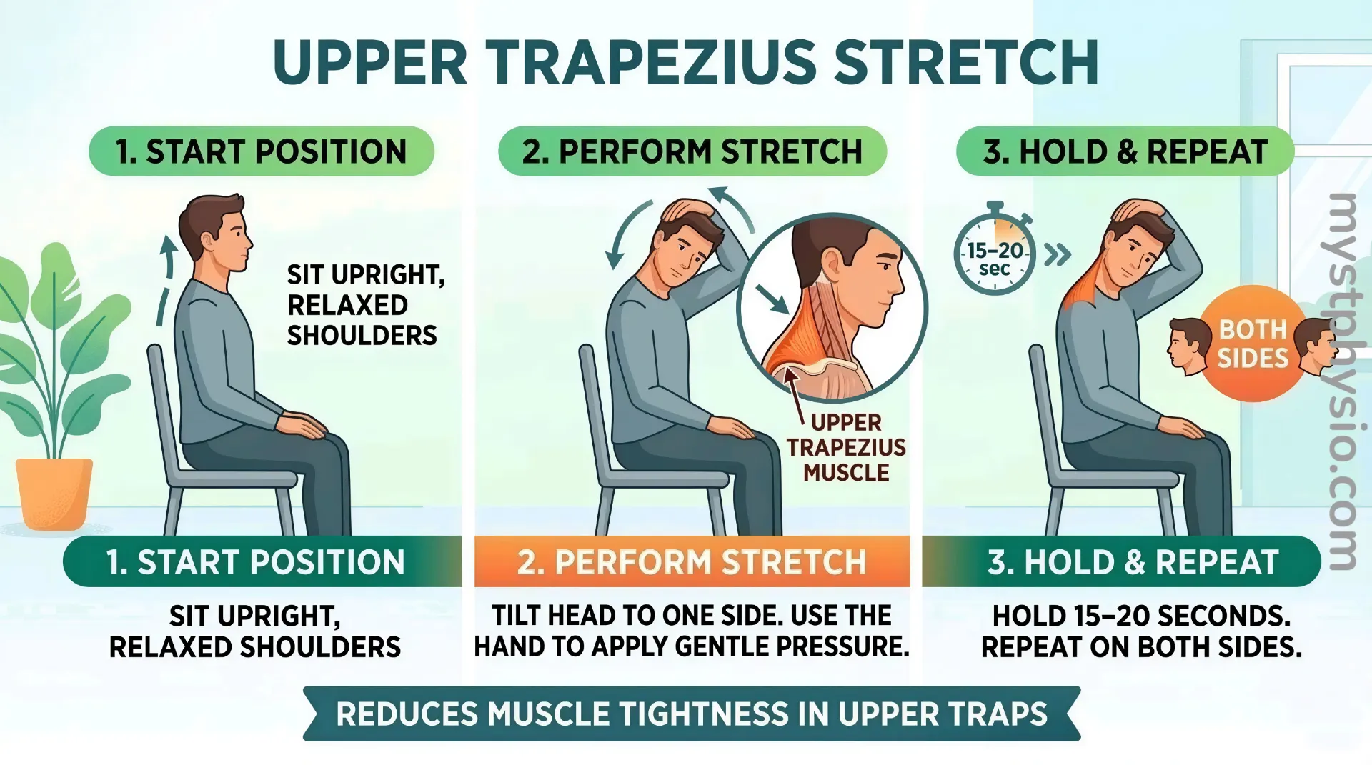 A 3-step infographic demonstrating a seated man performing an upper trapezius stretch by tilting his head and applying gentle pressure with his hand to reduce muscle tightness.