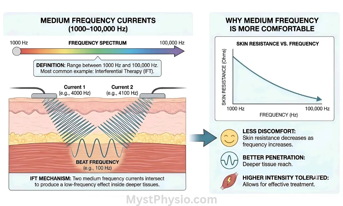 Infographic explaining Medium Frequency Currents (1000–100,000 Hz) and Interferential Therapy (IFT). A cross-section diagram shows two currents intersecting to create a low-frequency beat effect in deep muscle tissue. A graph on the right illustrates how skin resistance decreases as frequency increases, resulting in less discomfort, better penetration, and higher intensity tolerance.