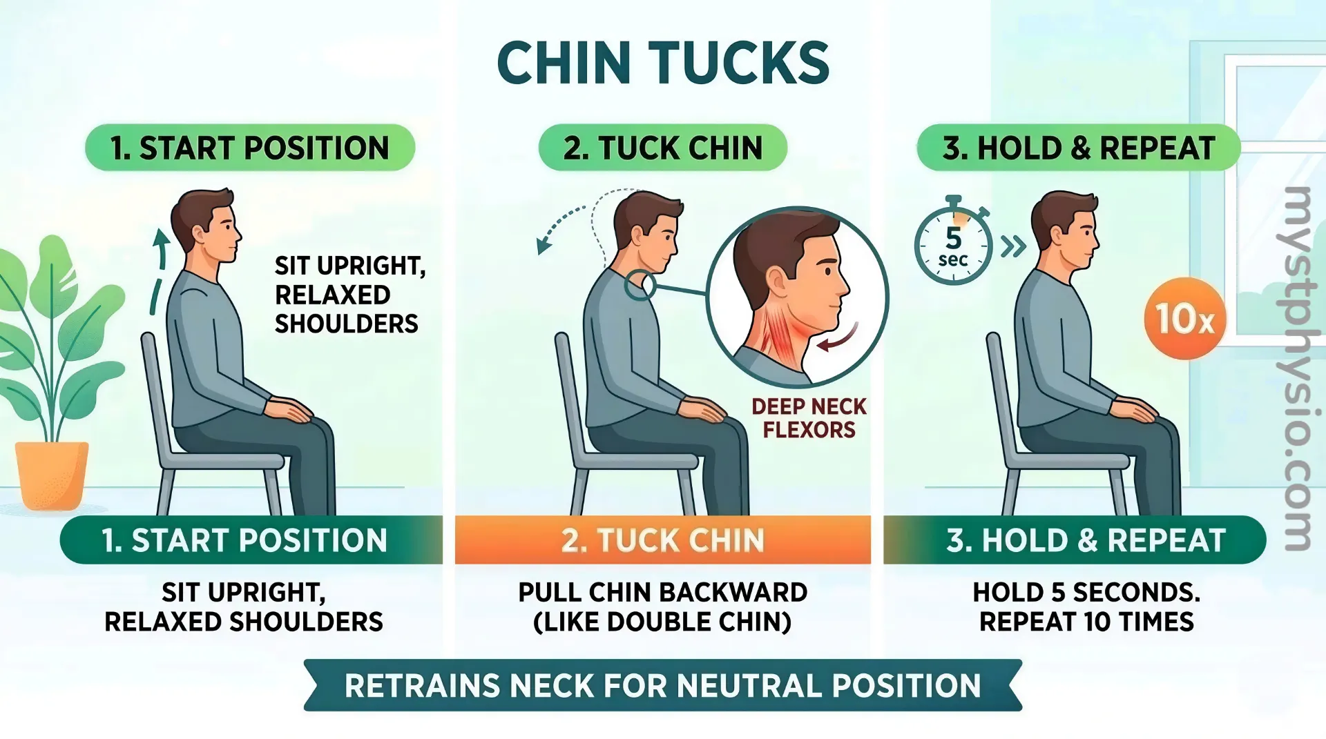 An instructional infographic illustrating the three steps of the Chin Tucks neck exercise.