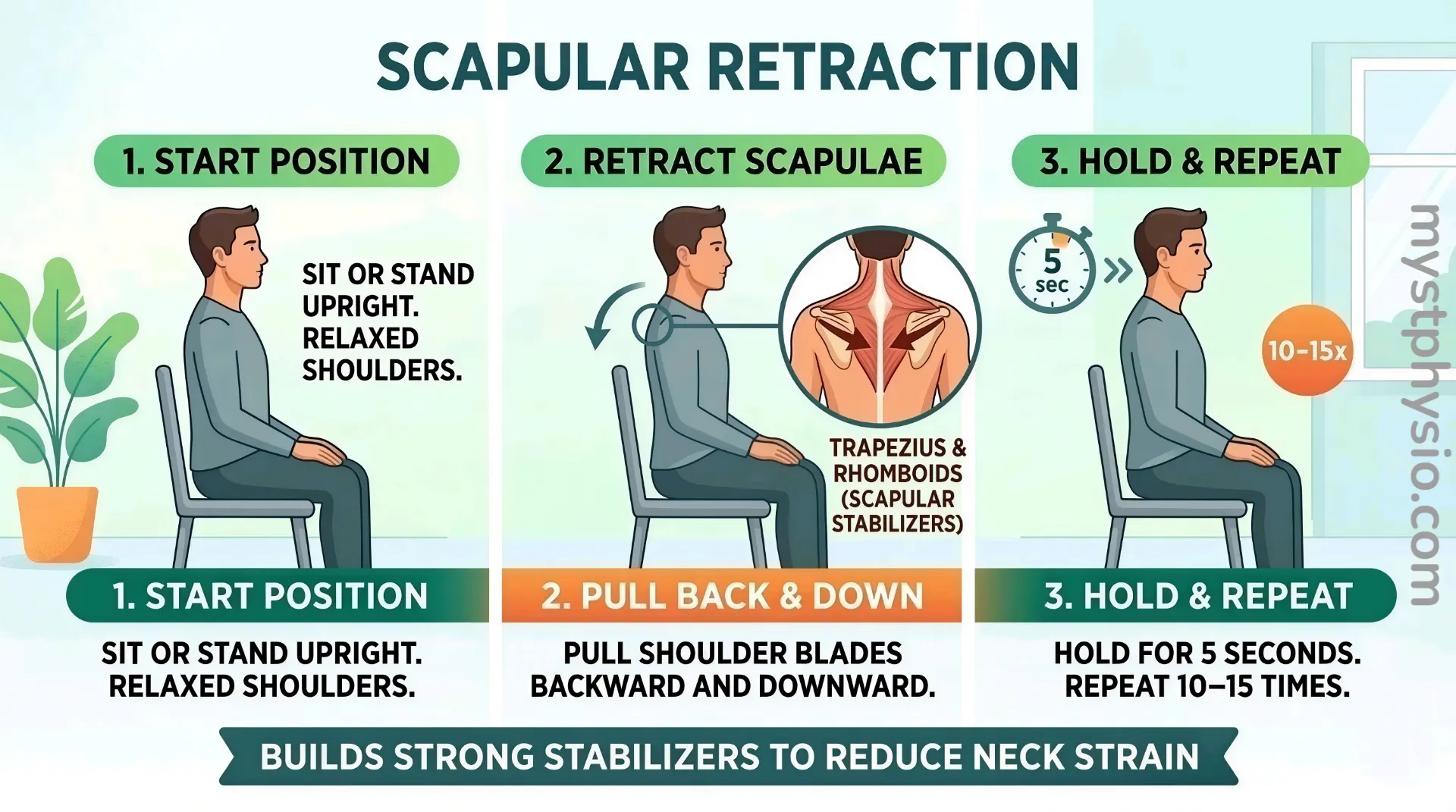 A three-step infographic demonstrating the scapular retraction exercise. Step 1 shows a man sitting upright with relaxed shoulders. Step 2 illustrates pulling the shoulder blades backward and downward to engage the trapezius and rhomboid muscles. Step 3 advises holding the position for 5 seconds and repeating 10 to 15 times to reduce neck strain.