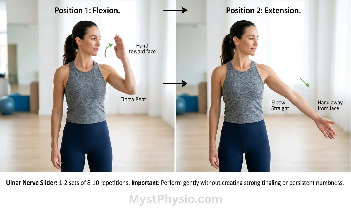 A split-screen demonstration of the ulnar nerve slider exercise. The left side shows a woman with a bent elbow and her hand in a stop sign position near her face. The right side shows her extending her arm away from her face. Safety guidelines and repetition instructions are written at the bottom.