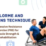 Physiotherapist guiding a patient through the DeLorme and Watkins progressive resistance exercise technique on a leg press machine
