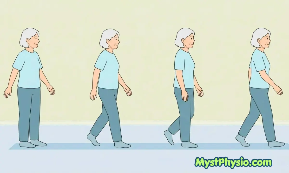 Senior woman performing heel-to-toe walking exercise to improve dynamic balance and stability