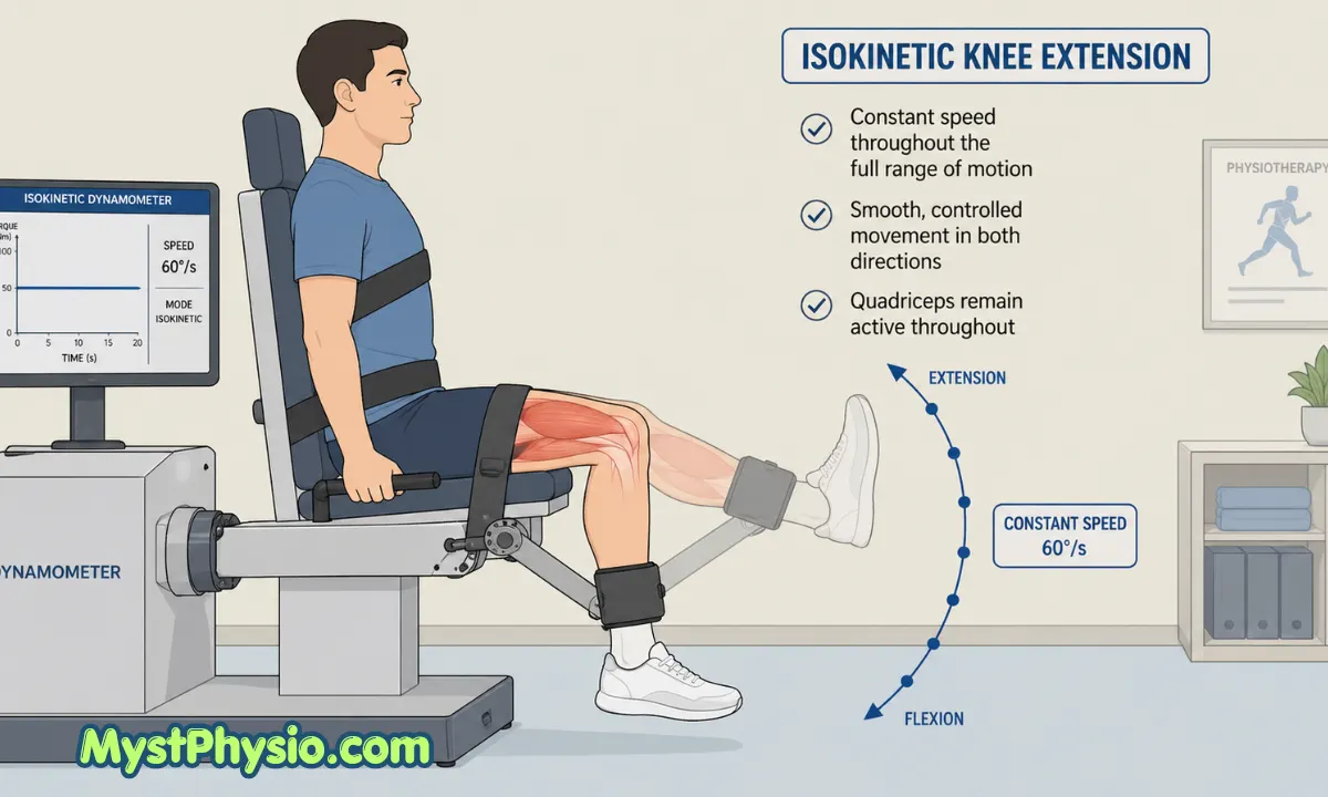 Illustration of isokinetic knee extension using a dynamometer showing constant speed muscle contraction