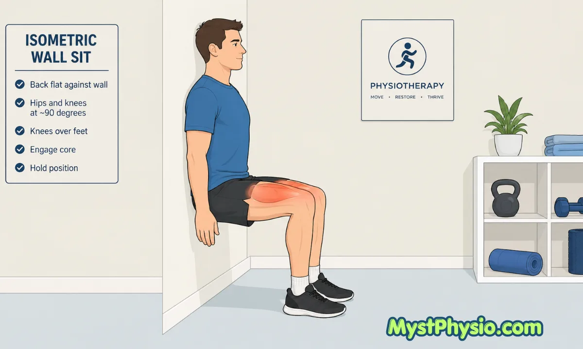 Illustration of a wall sit showing isometric quadriceps contraction with no joint movement