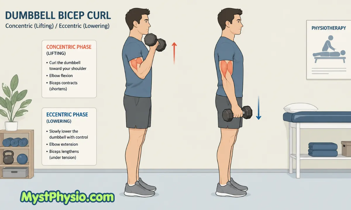 Illustration showing concentric and eccentric bicep contractions during a dumbbell curl with muscle shortening and lengthening