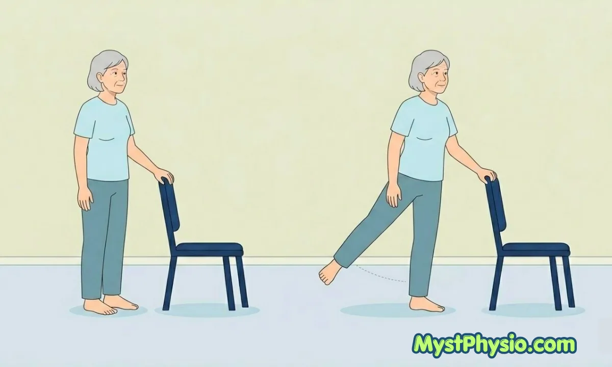 Older woman doing side leg raise exercise with chair support for hip strength and balance training