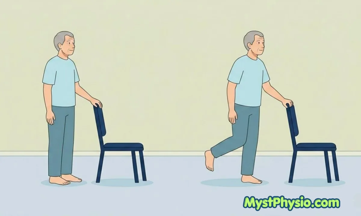 Senior adult practicing single-leg stand exercise with chair support for balance improvement