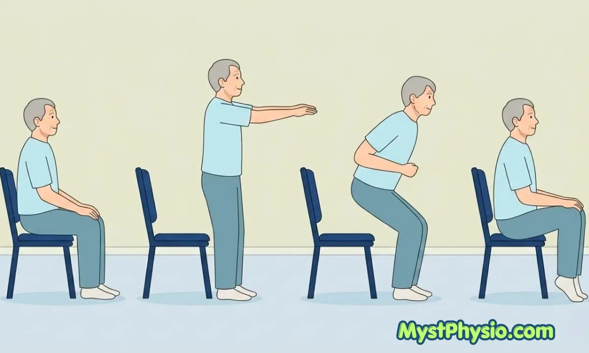 Older adult performing sit-to-stand exercise using a chair for balance and leg strength