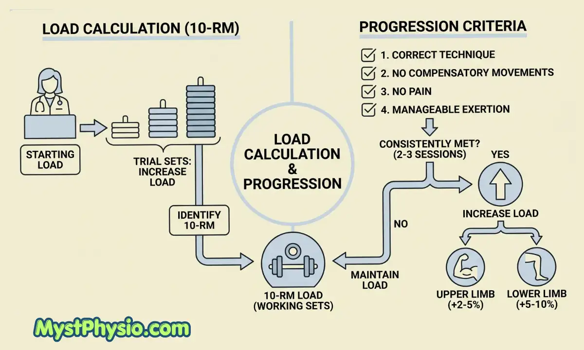 MacQueen Method Load Calculation and Progression Criteria Diagram explaining load calculation and progression criteria in the MacQueen Method using 10-RM resistance training principles.