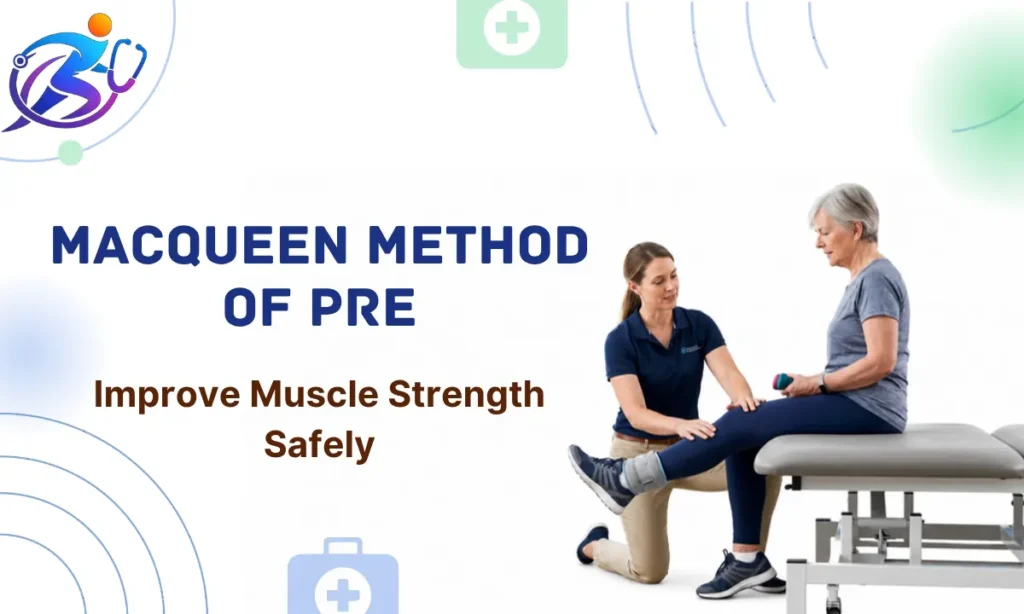 Physiotherapist guiding an older woman through lower limb strengthening using the MacQueen Method of progressive resistance exercise.
