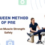 Physiotherapist guiding an older woman through lower limb strengthening using the MacQueen Method of progressive resistance exercise.