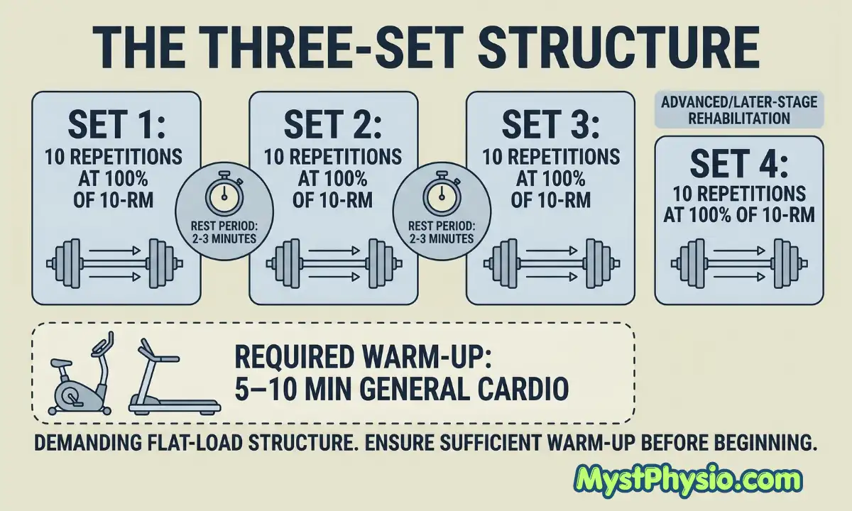 MacQueen Method Three-Set Structure for Strength Training Infographic showing the three-set structure of the MacQueen Method with 10 repetitions at 10-RM load and rest periods between sets.