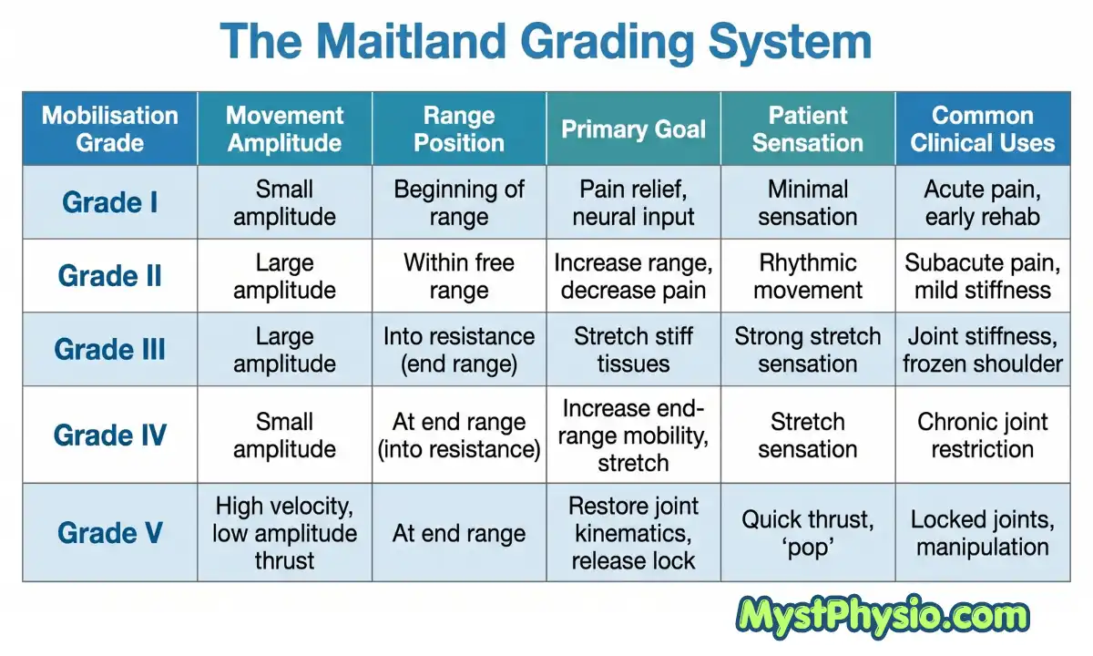 Maitland Joint Mobilisation Grades Explained Maitland grading system chart showing Grade I to Grade V joint mobilisation techniques