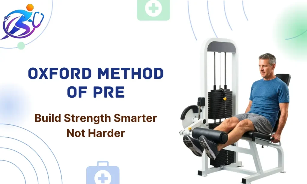 Man performing leg extension exercise demonstrating the Oxford Method of Progressive Resistance Exercise for strength training and rehabilitation