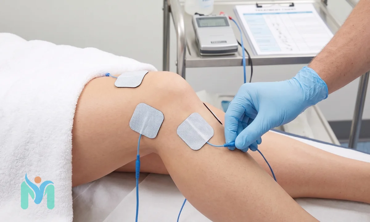 A physiotherapist wearing blue gloves adjusts a wire on a TENS therapy electrode pad applied to a patient's knee for pain relief in a clinic.