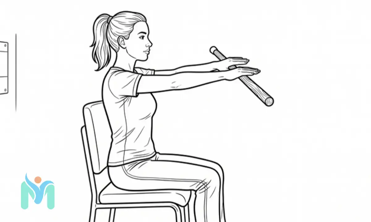 Line illustration of a woman seated on a chair, using a stick to guide her arms forward and upward in an active-assisted shoulder stretch.