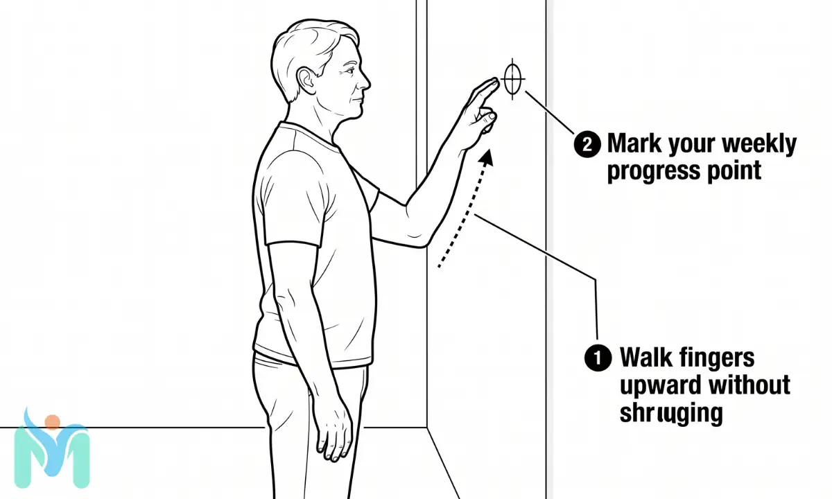 Side view diagram showing a person doing the active wall walk exercise during the thawing stage of a frozen shoulder. The fingertips of the affected arm are placed on a wall, walking upward step-by-step toward the ceiling to build active shoulder elevation. A dotted arrow shows the direction, labeled "Walk fingers upward without shrugging," next to a small target symbol labeled "Mark your weekly progress point."