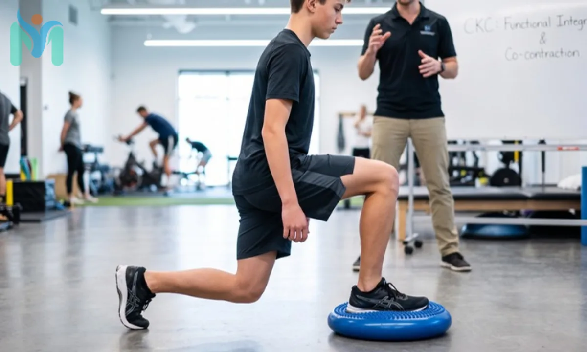 A young male athlete practicing a closed kinetic chain lunge with his forward foot fixed on a blue balance disc to promote joint stability and multi-joint co-contraction under guidance.