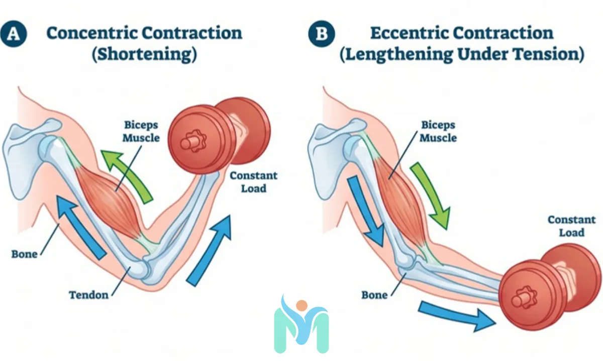 Medical illustration of a bicep curl comparing a concentric contraction showing the muscle shortening against a load, and an eccentric contraction showing the muscle lengthening under tension.