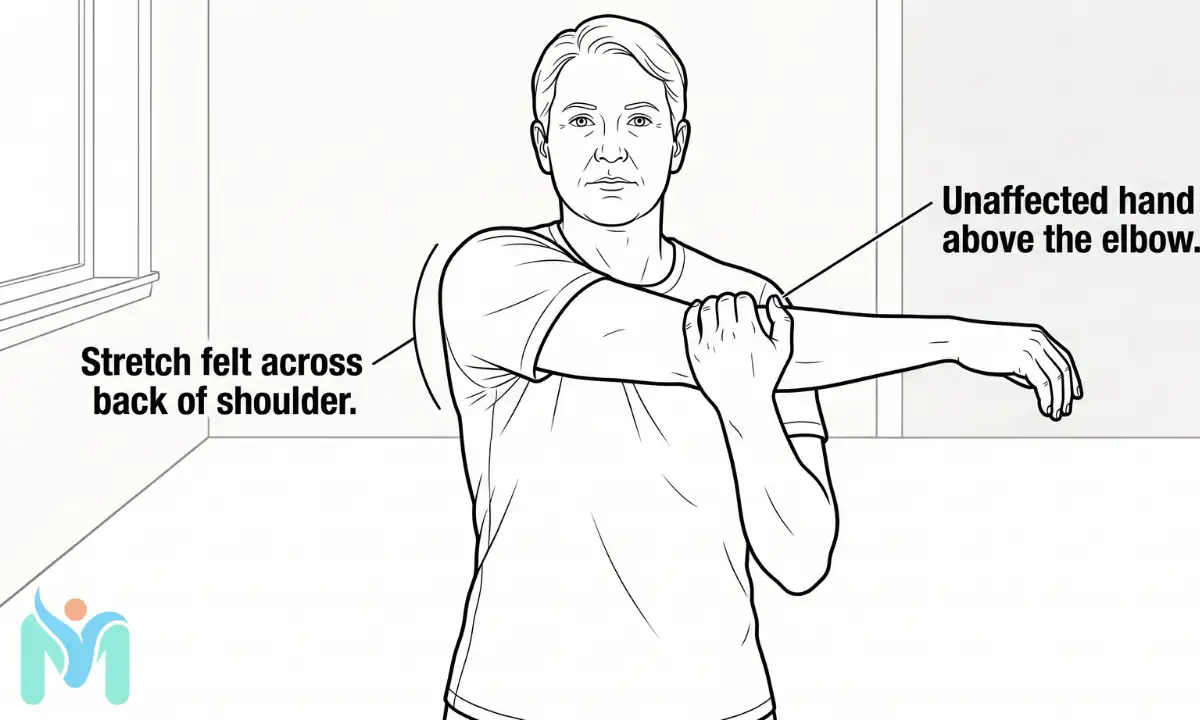 Front view diagram of a person doing the cross-body horizontal shoulder stretch for stage 2 frozen shoulder. The affected arm is brought across the chest at shoulder height, while the unaffected hand is placed above the elbow to gently pull the arm further. Arrows point to the posterior shoulder region labeled "Stretch felt across back of shoulder" and to the bracing hand labeled "Unaffected hand above the elbow."