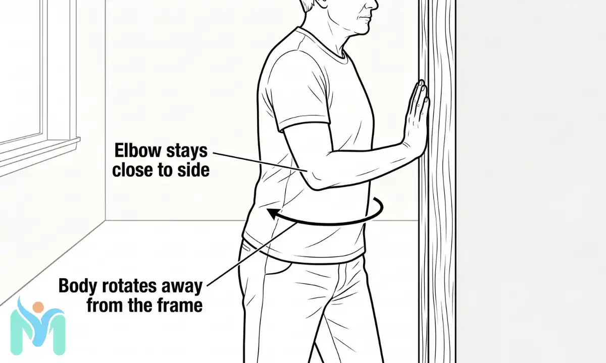 A side-angle line drawing of a person doing the doorway external rotation stretch. The person stands in a doorway with their affected elbow bent at 90 degrees and pressed close to their side, with the forearm and palm flat against the door frame. The torso is shown rotating slightly away from the frame to stretch the coracohumeral ligament. Labels note "Elbow stays close to side" and "Body rotates away from the frame."