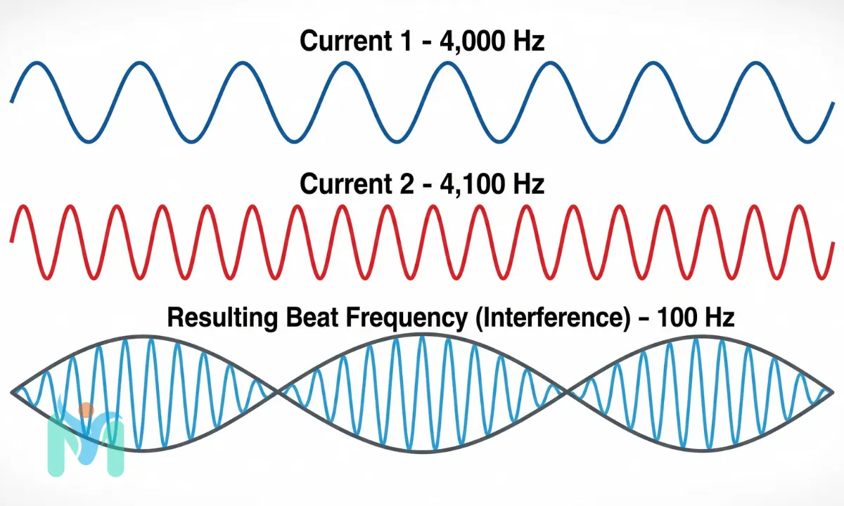Physics diagram showing how two medium frequency alternating currents at 4000 Hz and 4100 Hz produce a 100 Hz beat frequency envelope in interferential therapy.