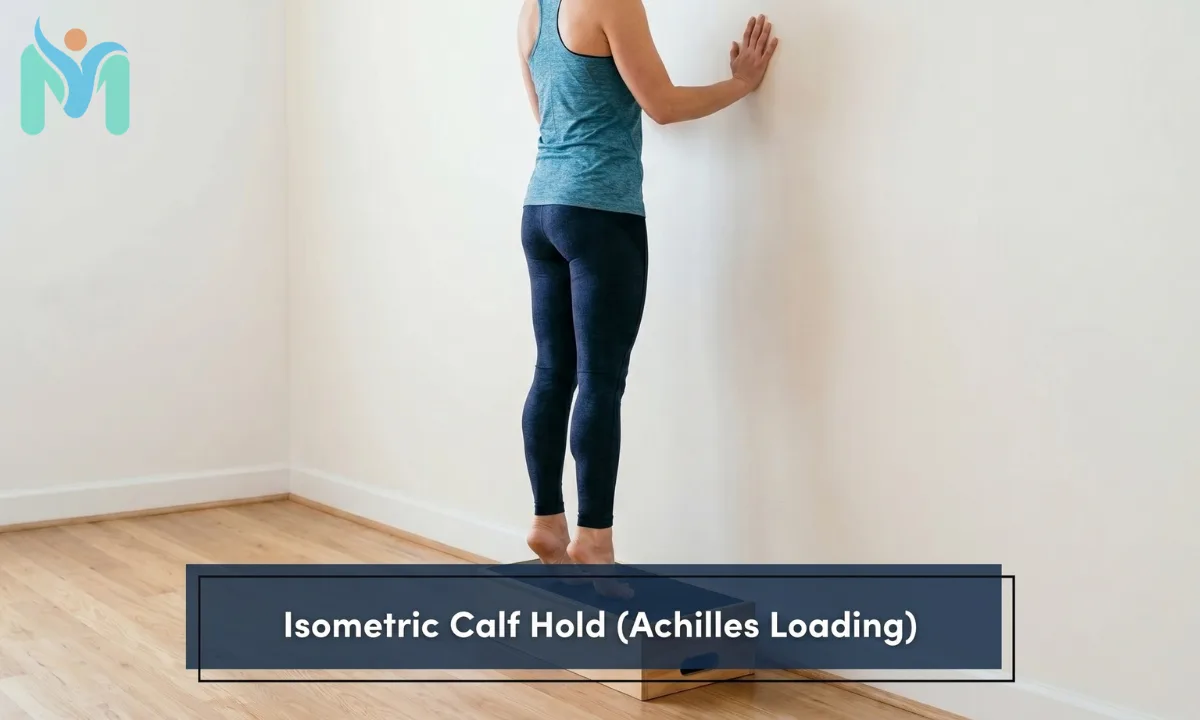A rear view of a woman standing on a calf block on tiptoes, performing an isometric calf hold for Achilles tendon loading while resting her hands on a wall for balance.