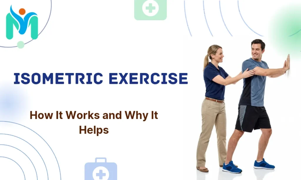 A female physical therapist guiding a male patient through a static wall press isometric exercise hold against a pure white background.
