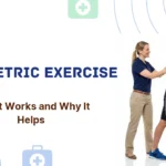 A female physical therapist guiding a male patient through a static wall press isometric exercise hold against a pure white background.