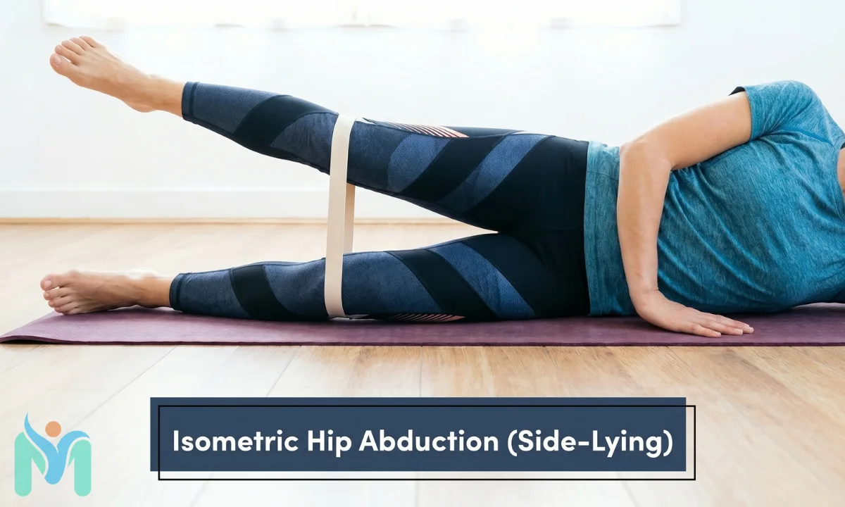 A person lying on their side on a yoga mat, performing an isometric hip abduction exercise by raising their top leg against a resistance band wrapped above the knees.