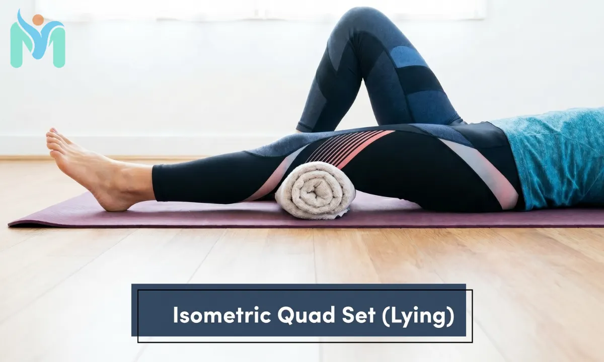 A side profile of a person lying on a purple yoga mat, performing an isometric quad set exercise with a rolled white towel placed directly under their straight knee.