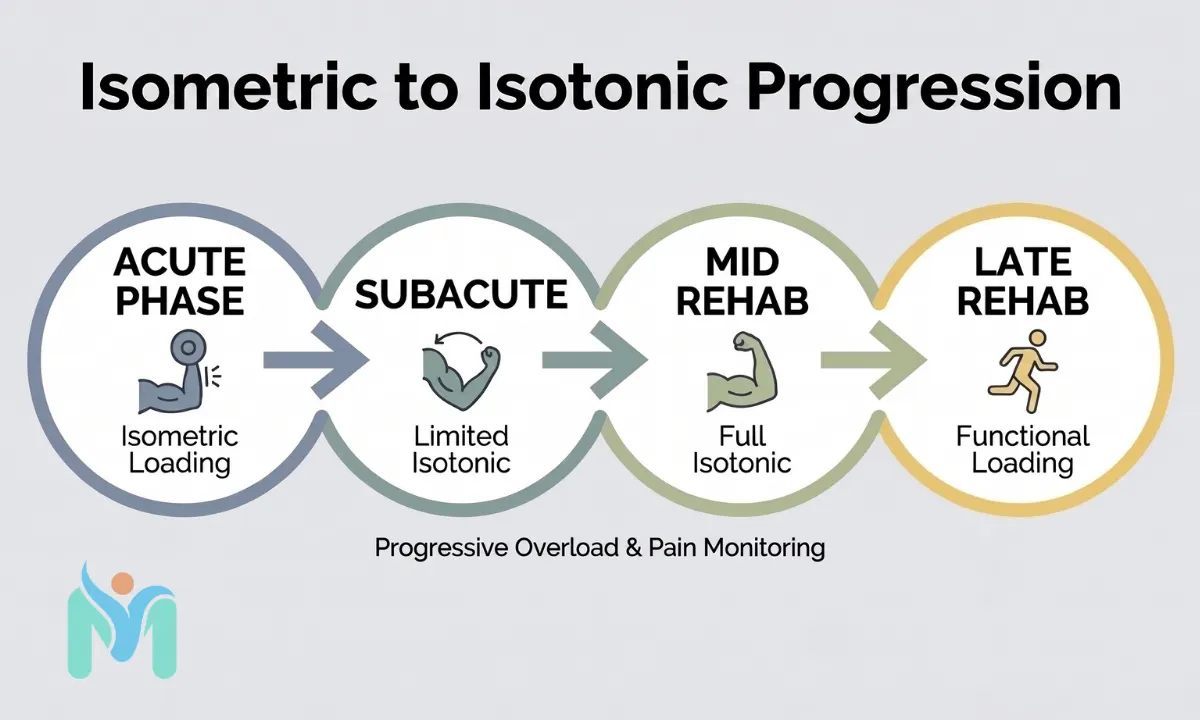 A four-step infographic timeline detailing isometric to isotonic progression in physiotherapy, showing acute phase (isometric loading), subacute (limited isotonic), mid rehab (full isotonic), and late rehab (functional loading) governed by progressive overload and pain monitoring.