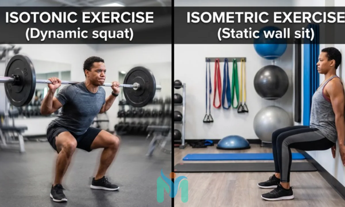 Side-by-side split screen showing a male athlete executing a dynamic isotonic barbell back squat next to a female athlete holding a static isometric wall sit against a gym wall.