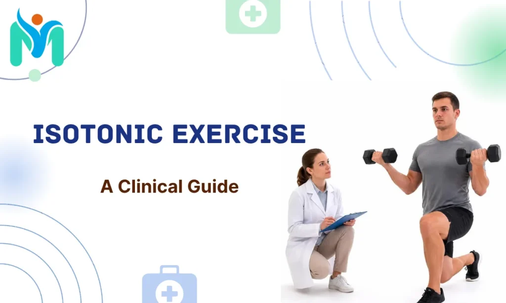 Article header banner for MystPhysio titled Isotonic Exercise A Clinical Guide, showing a female physical therapist with a clipboard monitoring a male athlete performing a dynamic dumbbell lunge.