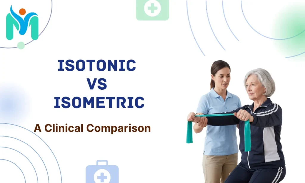 A female physiotherapist guiding an elderly woman performing a resistance band exercise, illustrating the comparison between isotonic and isometric training.