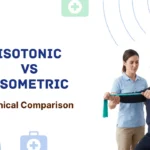 A female physiotherapist guiding an elderly woman performing a resistance band exercise, illustrating the comparison between isotonic and isometric training.