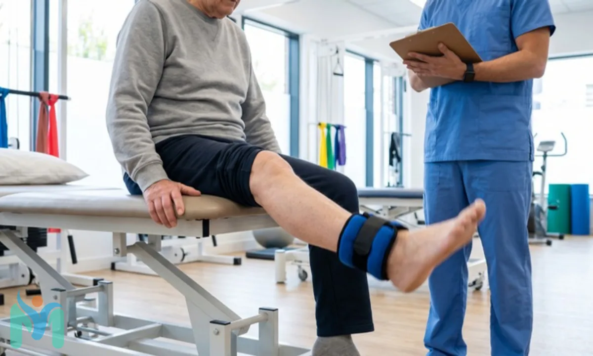 A male patient sitting on a treatment table performing an open kinetic chain resisted knee extension with a weighted ankle cuff while a physical therapist takes clinical notes.