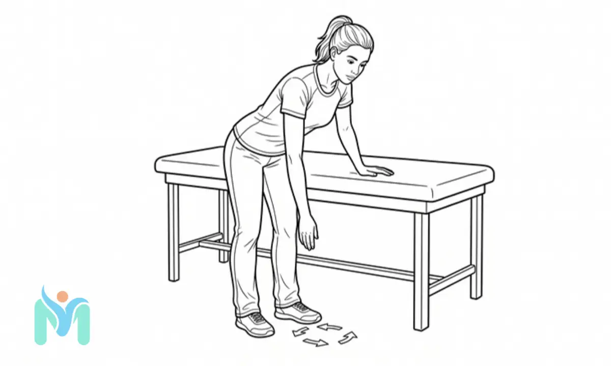 Line drawing of a woman leaning forward with one hand on a treatment table, letting her injured arm hang down to perform the Codman pendulum exercise.